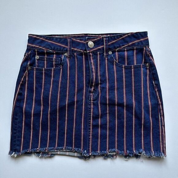 American Eagle Hi-Rise Mini Skirt Jean Stretch Blue Red Stripe Size 6 - Picture 2 of 9
